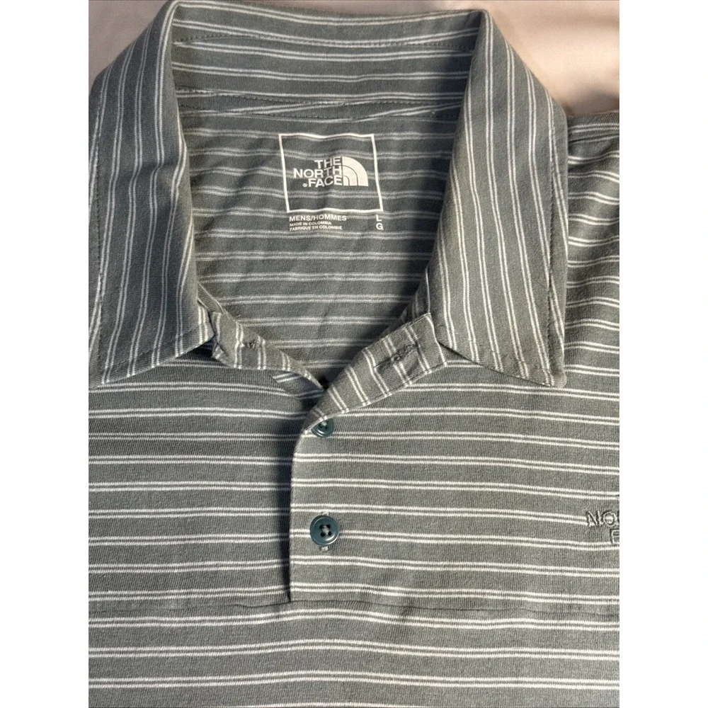 The North Face Mens Large Polo Shirt Greenish Gray Striped Short Sleeve Casual